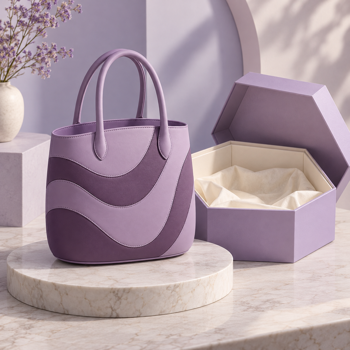 Lilac Wave Handbag with Curved Colorblock Panels