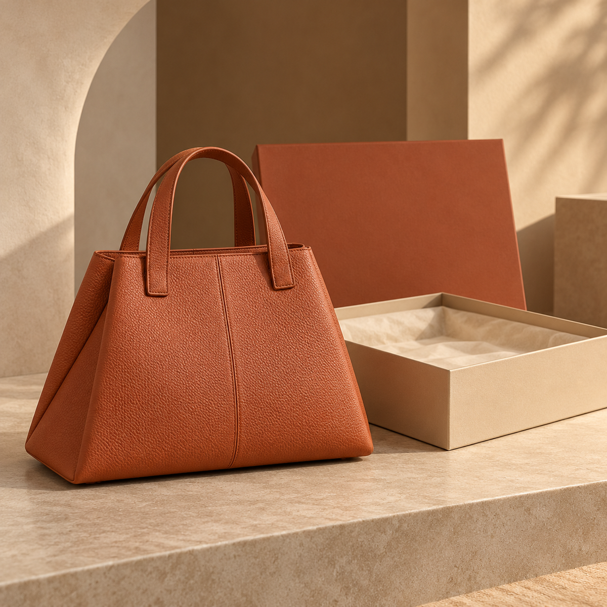 Terracotta Trapeze Handbag with Sculpted Top Handles