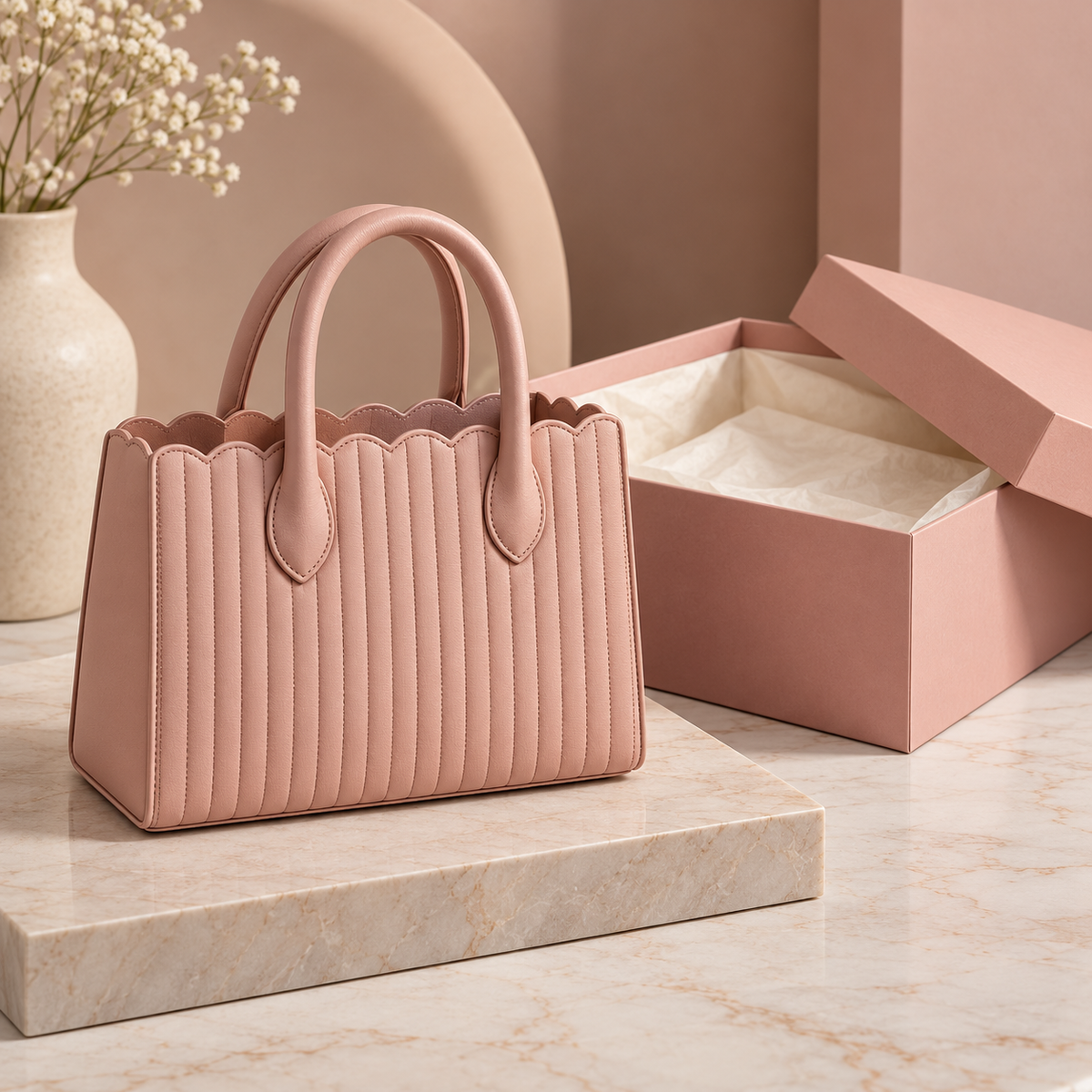 Blush Scallop Handbag with Twin Rounded Handles