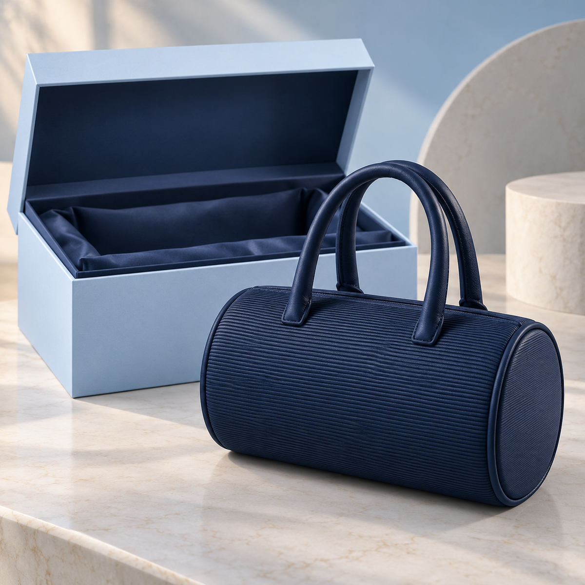 Navy Barrel Handbag with Circular End Panels