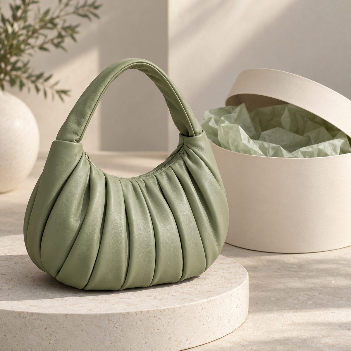 Sage Pleat Handbag with a Wide Loop Handle