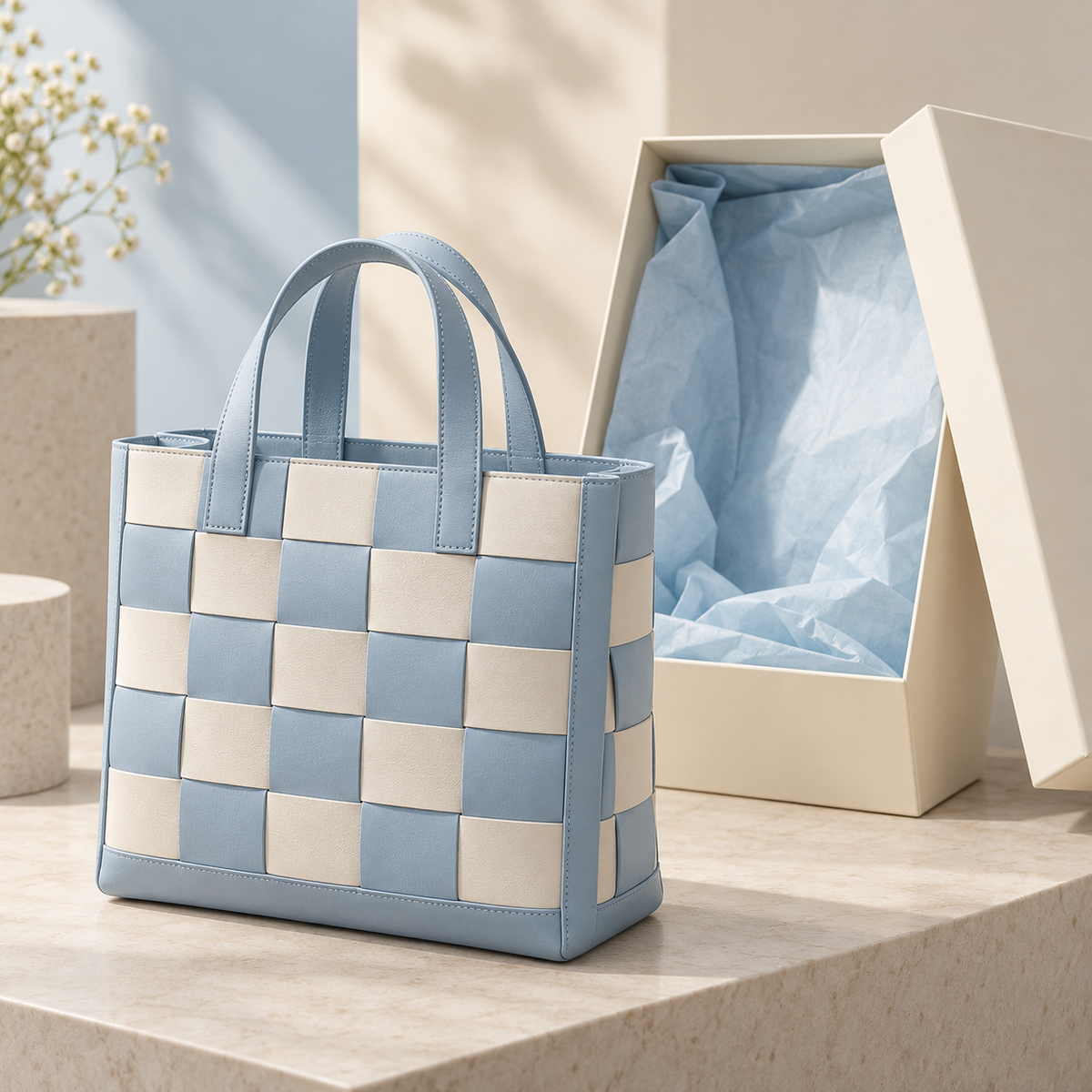 Blue Check Handbag with Flat Top Handles