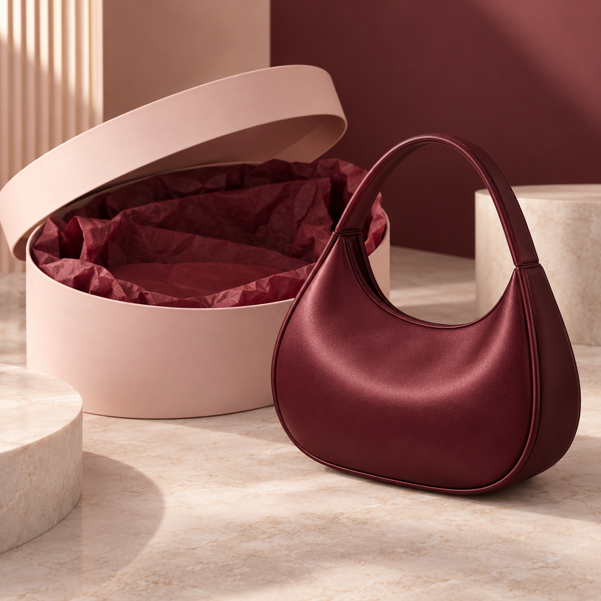 Wine Crescent Handbag with a Single Arched Handle