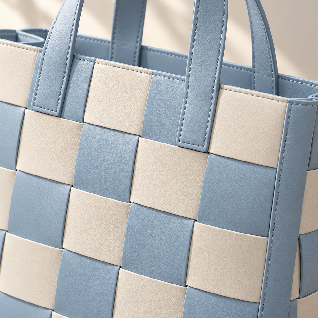 Blue Check Handbag with Flat Top Handles