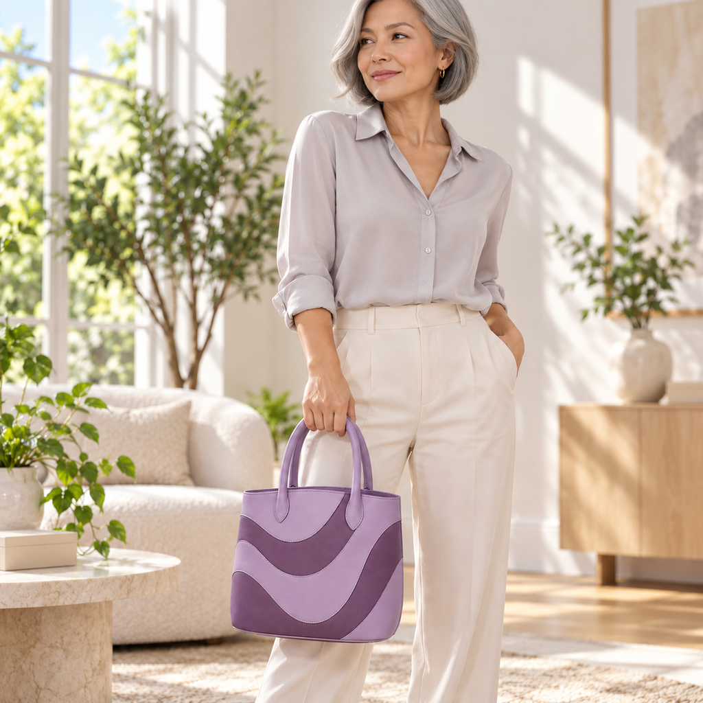 Lilac Wave Handbag with Curved Colorblock Panels